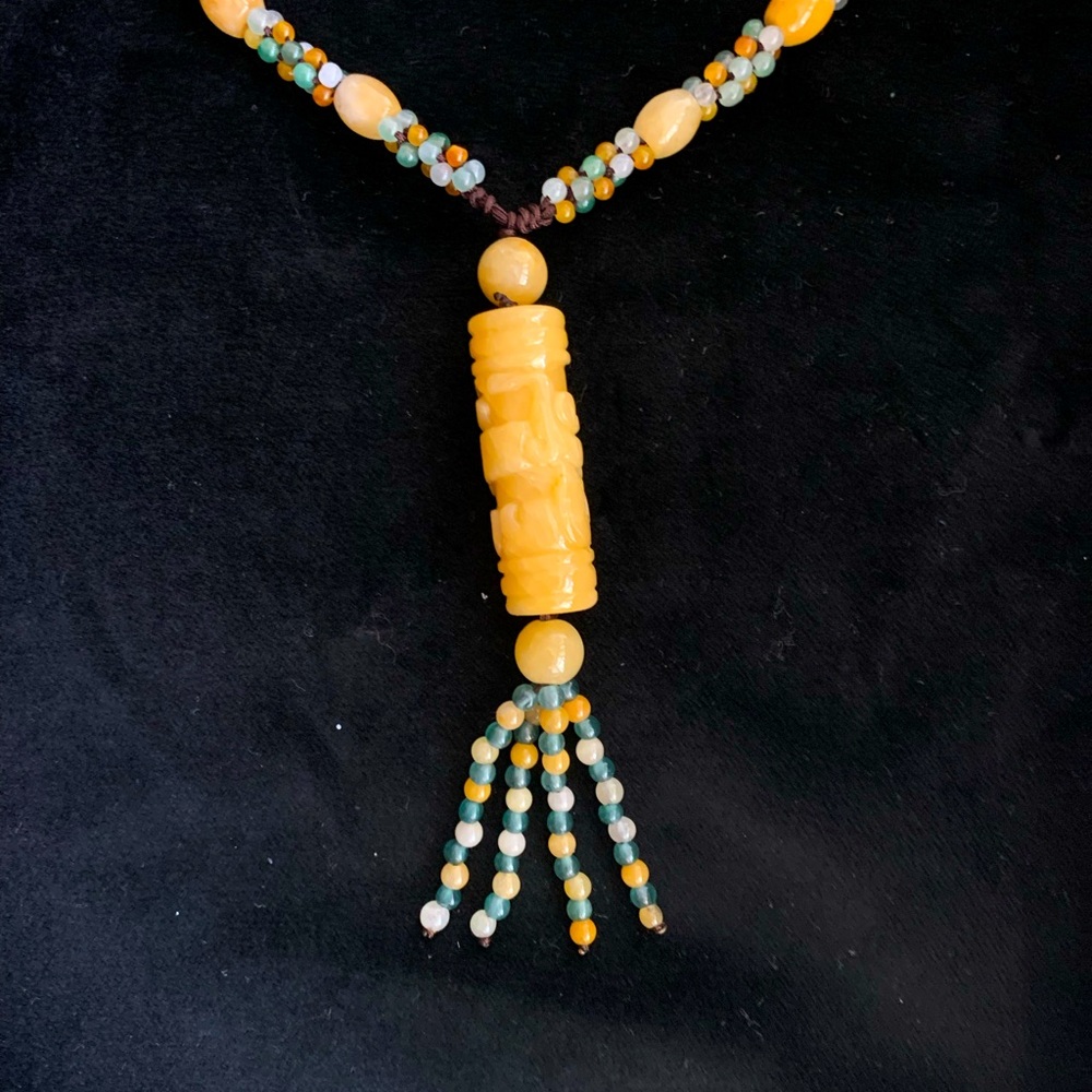 Yellow Jade Necklace Dragon Pendant Carved Crystal Bead Stone Gemstone Nephrite